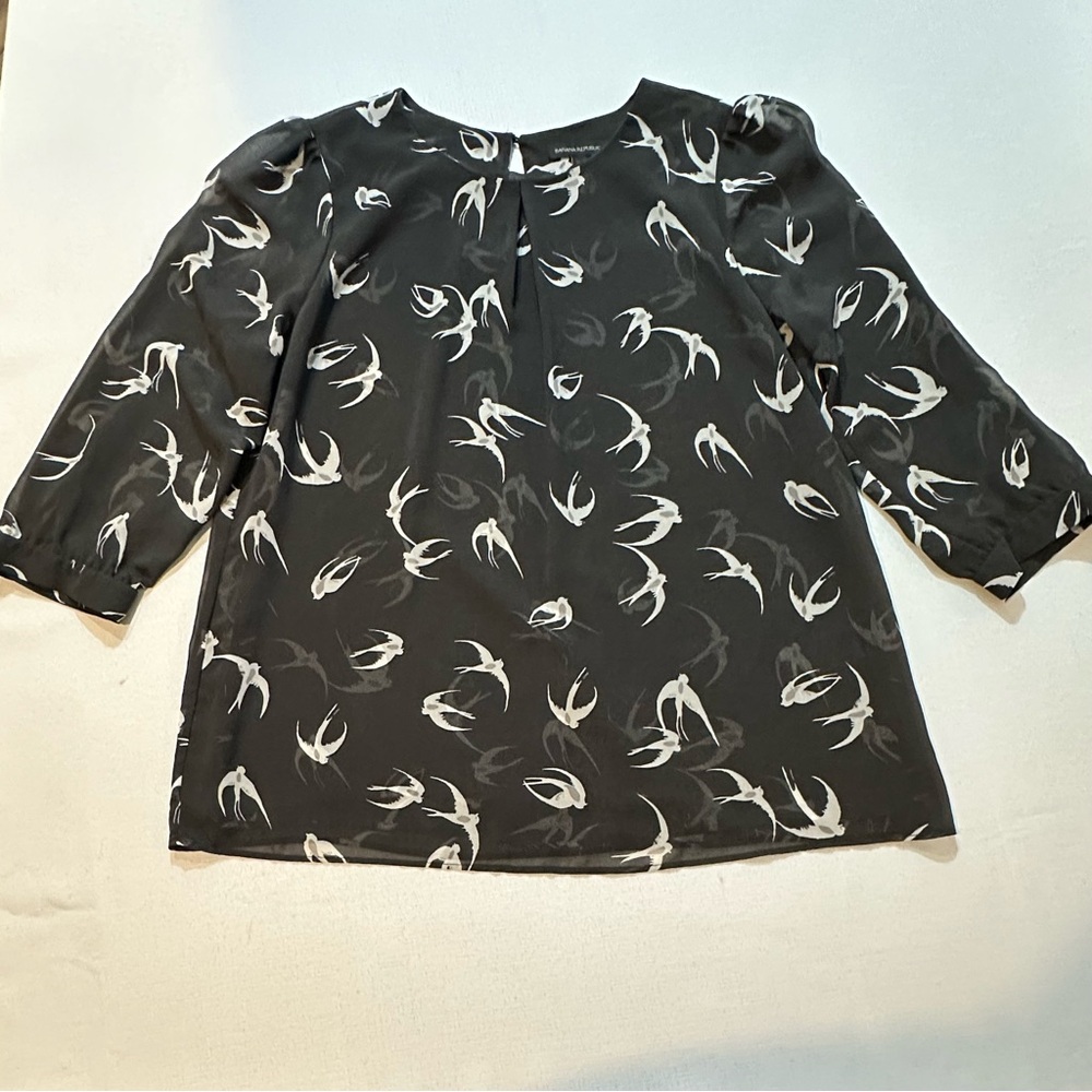 Banana Republic Black Bird Print Blouse XL Sheer Long Sleeve Top